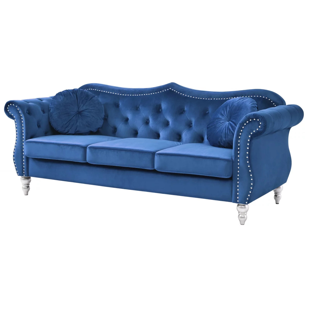 Navy Blue Velvet 3-Seater Sofa with 2-Throw Pillow A875