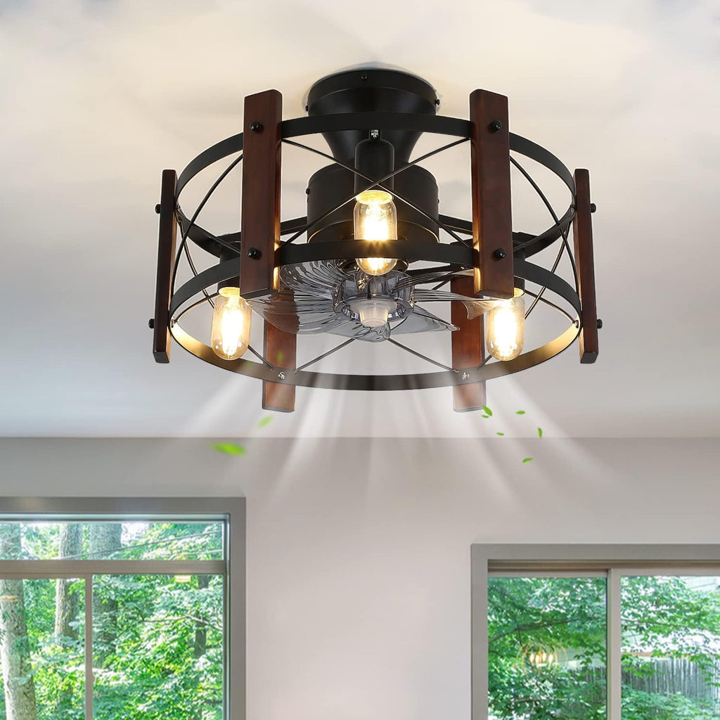 Industrial Ceiling Fan with Light Remote Control Metal Caged Wood Black Enclosed Y5942