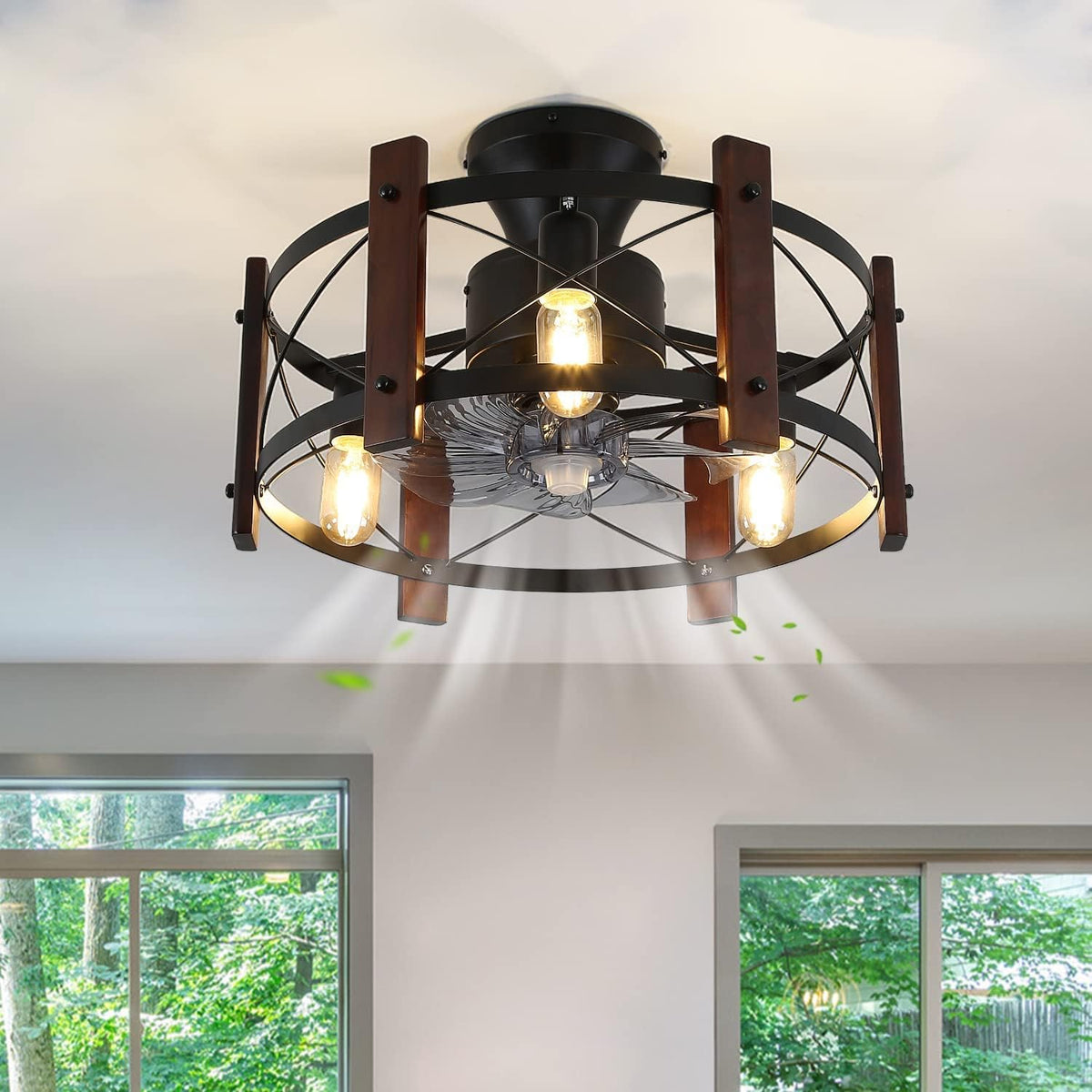 Industrial Ceiling Fan with Light Remote Control Metal Caged Wood Black Enclosed Y5942