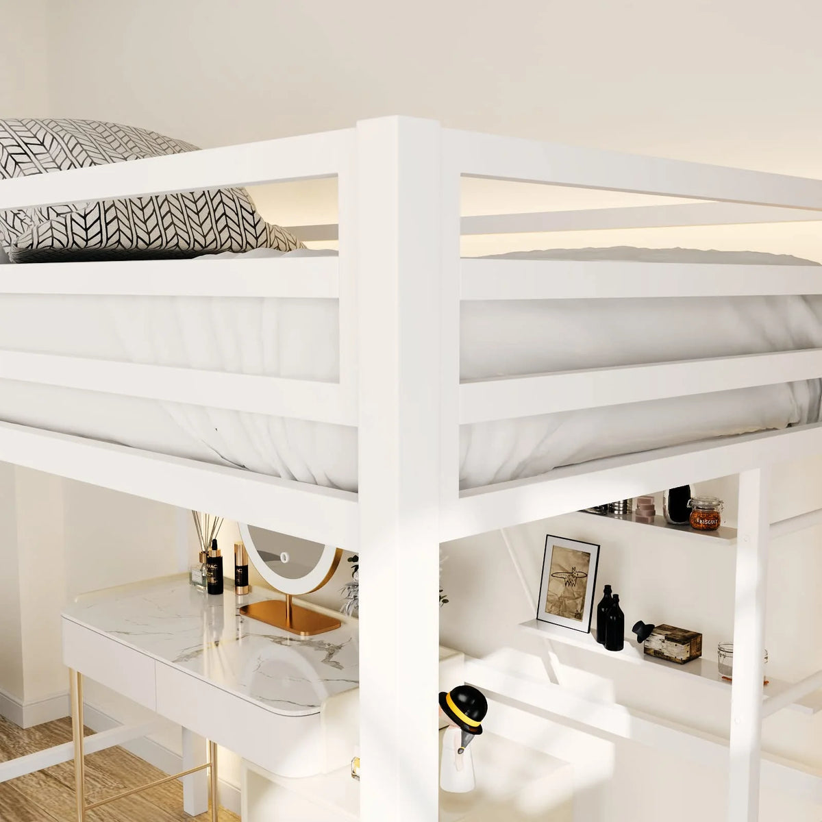 Twin Size White Loft Bed with Metal Ladder T181426