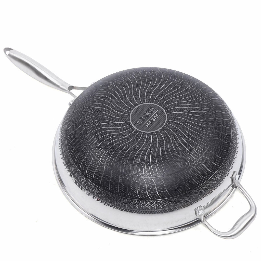 Non Stick Honeycomb Frying Wok Pan with Lid Stainless Steel Q481