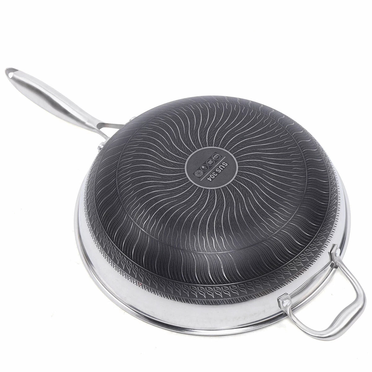 Non Stick Honeycomb Frying Wok Pan with Lid Stainless Steel Q481