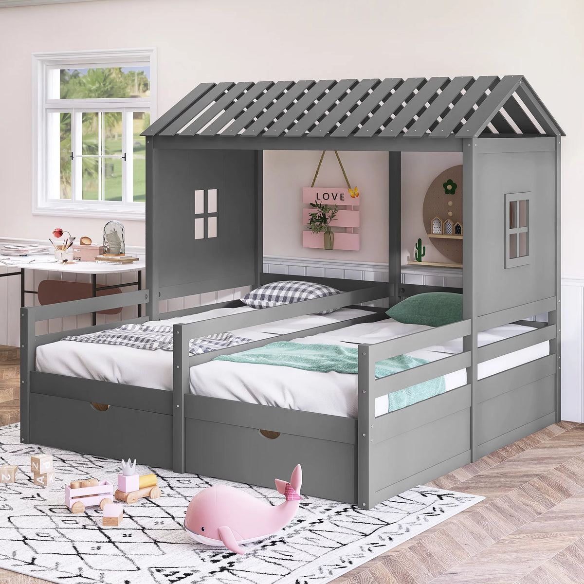 Twin Size House Platform Bed with Two Drawers U663721