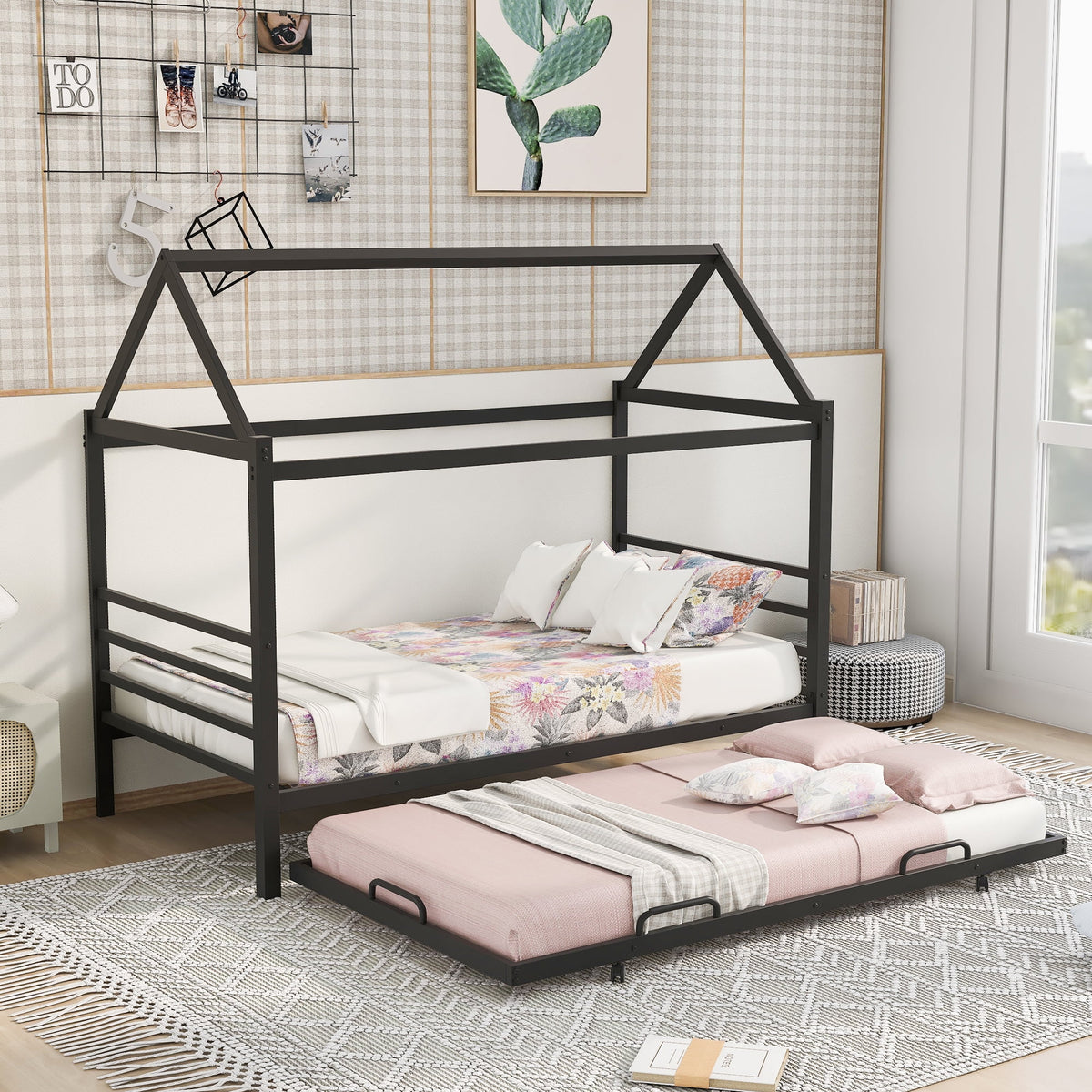 Twin Size Black Metal House Shape Platform Bed with Trundle Y446