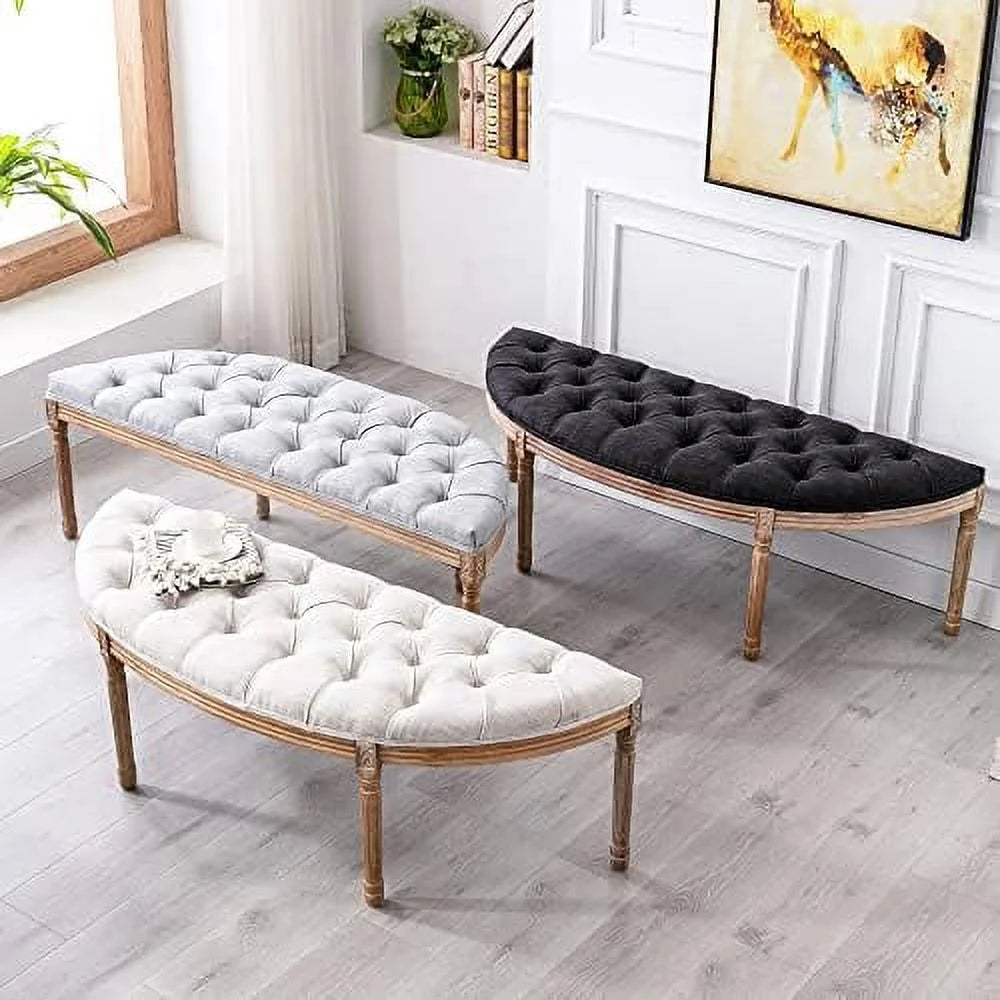 55" Beige Tufted Halfmoon Entryway Bench O6637