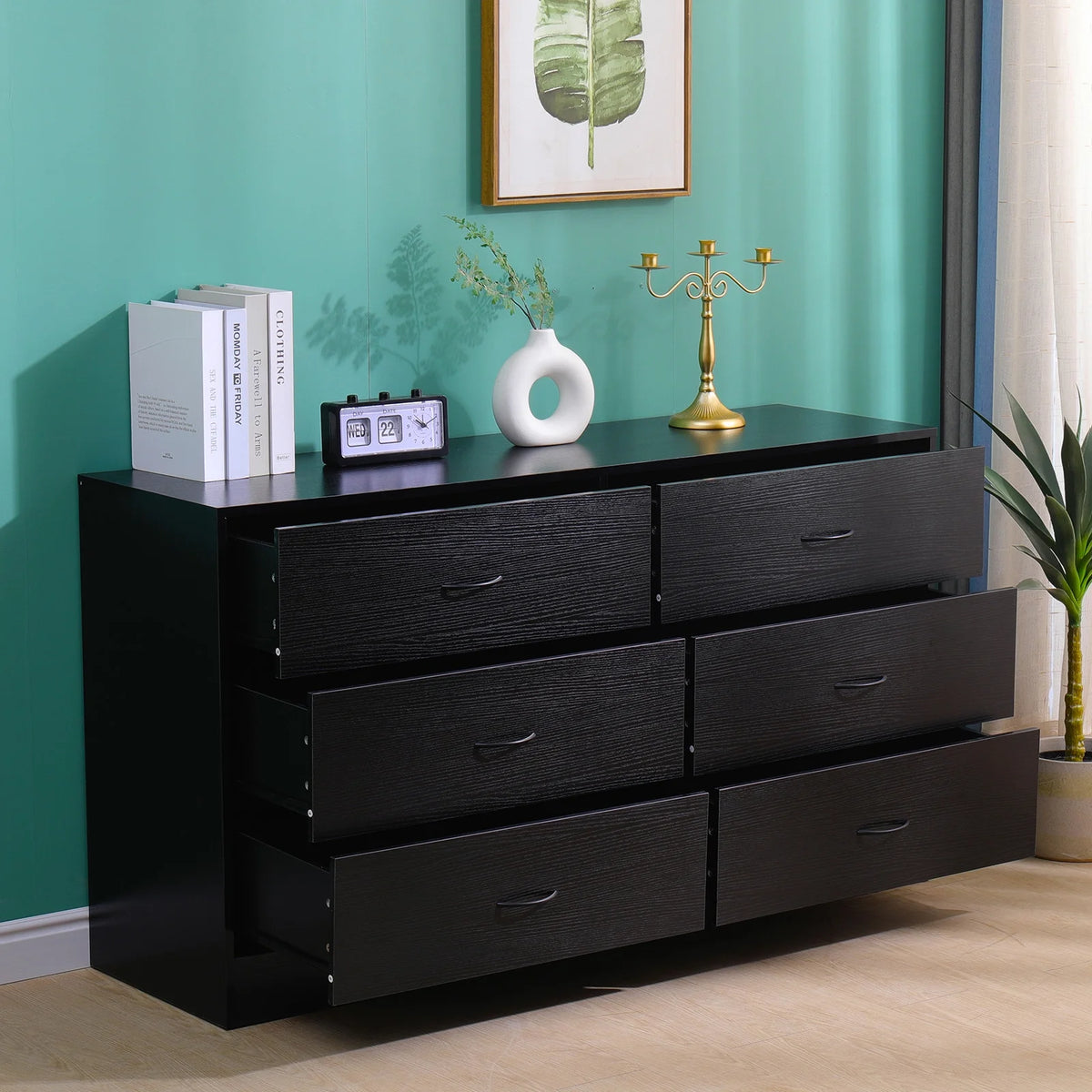 Black 6 Drawer Wood Dresser E3252