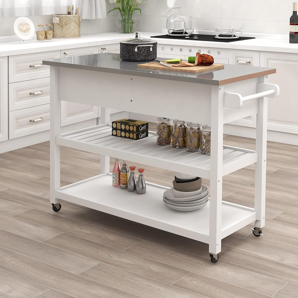 White Stainless Steel Top Kitchen Island on Wheels with 2 Drawers and Storage Shelves N15330