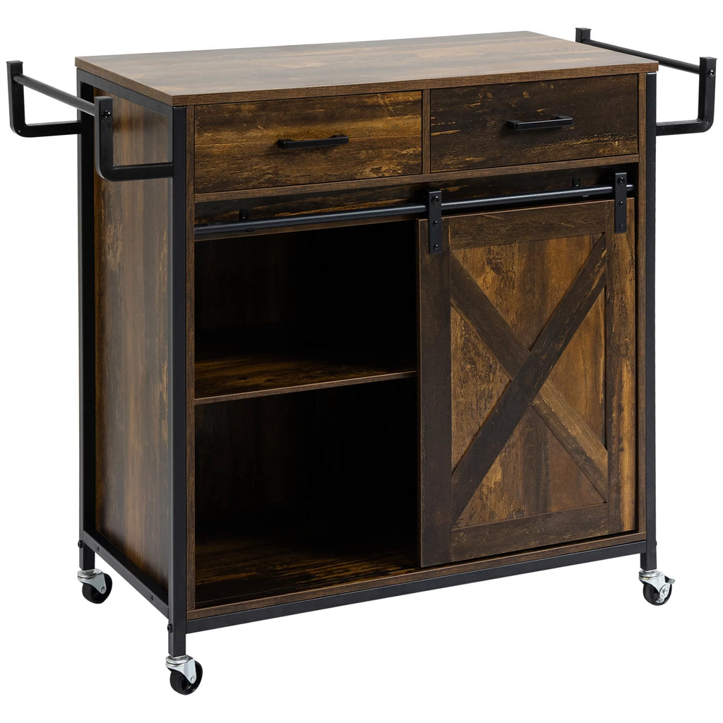 Rolling Kitchen Cart with Adjustable Shelf, Two Drawers and Towel Rack W197