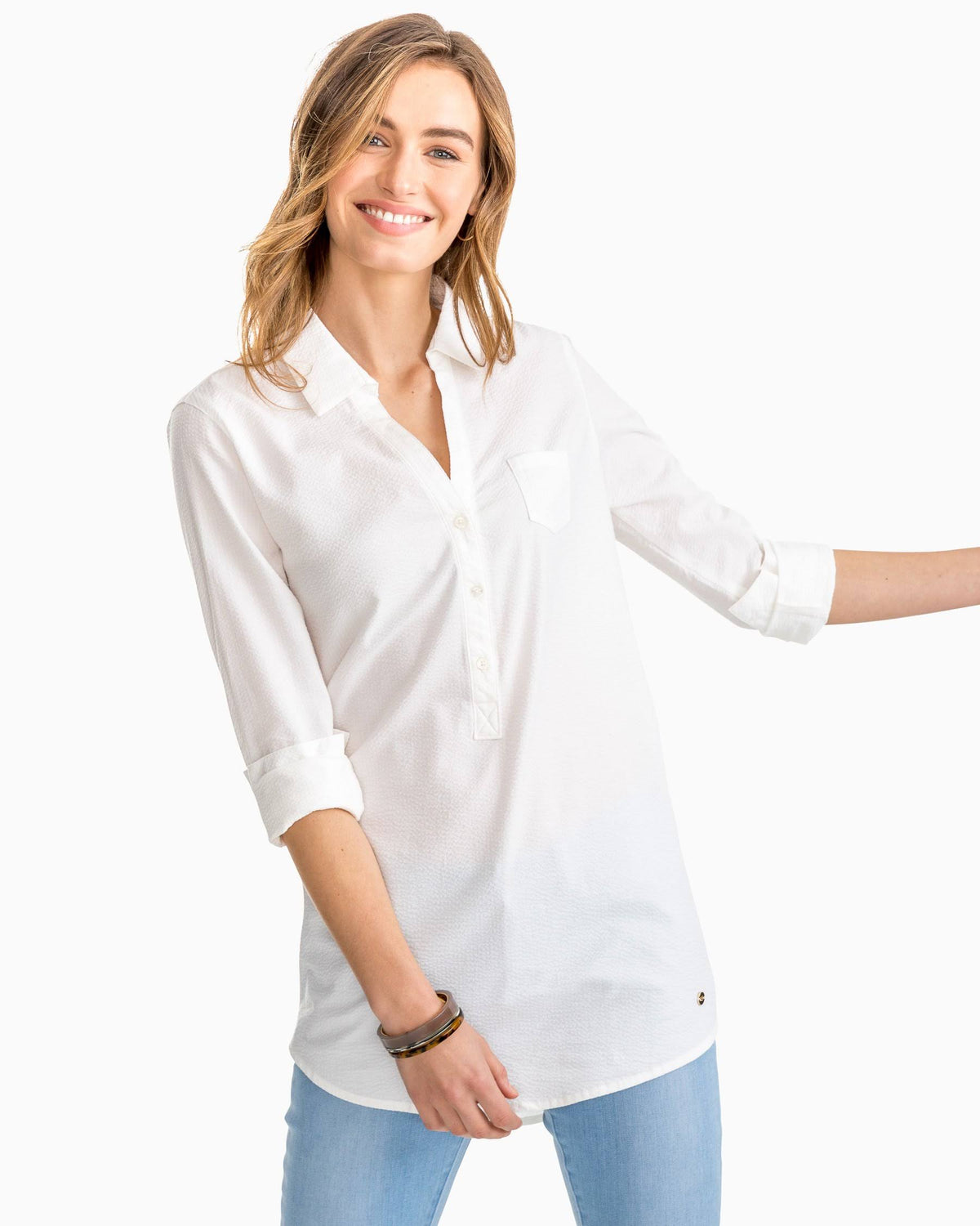 Long Sleeve Seersucker Tunic Top Y3717