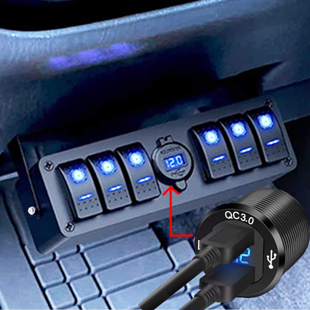 6 Gang Marine Switch Panel with Dual USB Charger Voltmeter Waterproof 12V-24V DC S5817