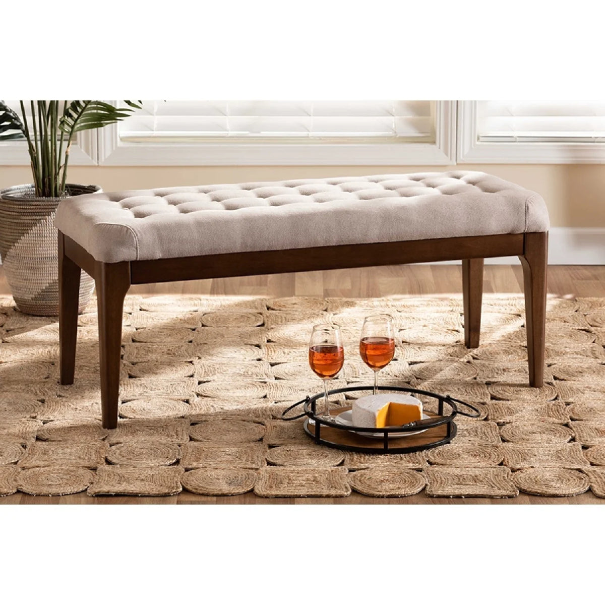 Beige Fabric Upholstered Walnut Brown Wood Dining Bench Y123924