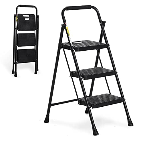 3 Step Folding Steel Step Ladder with Handgrip, 500 Lbs, Black K64997