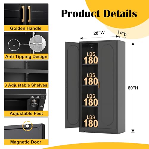 Black Metal Pantry Cabinet with Doors and 4 Adjustable Shelves Q417