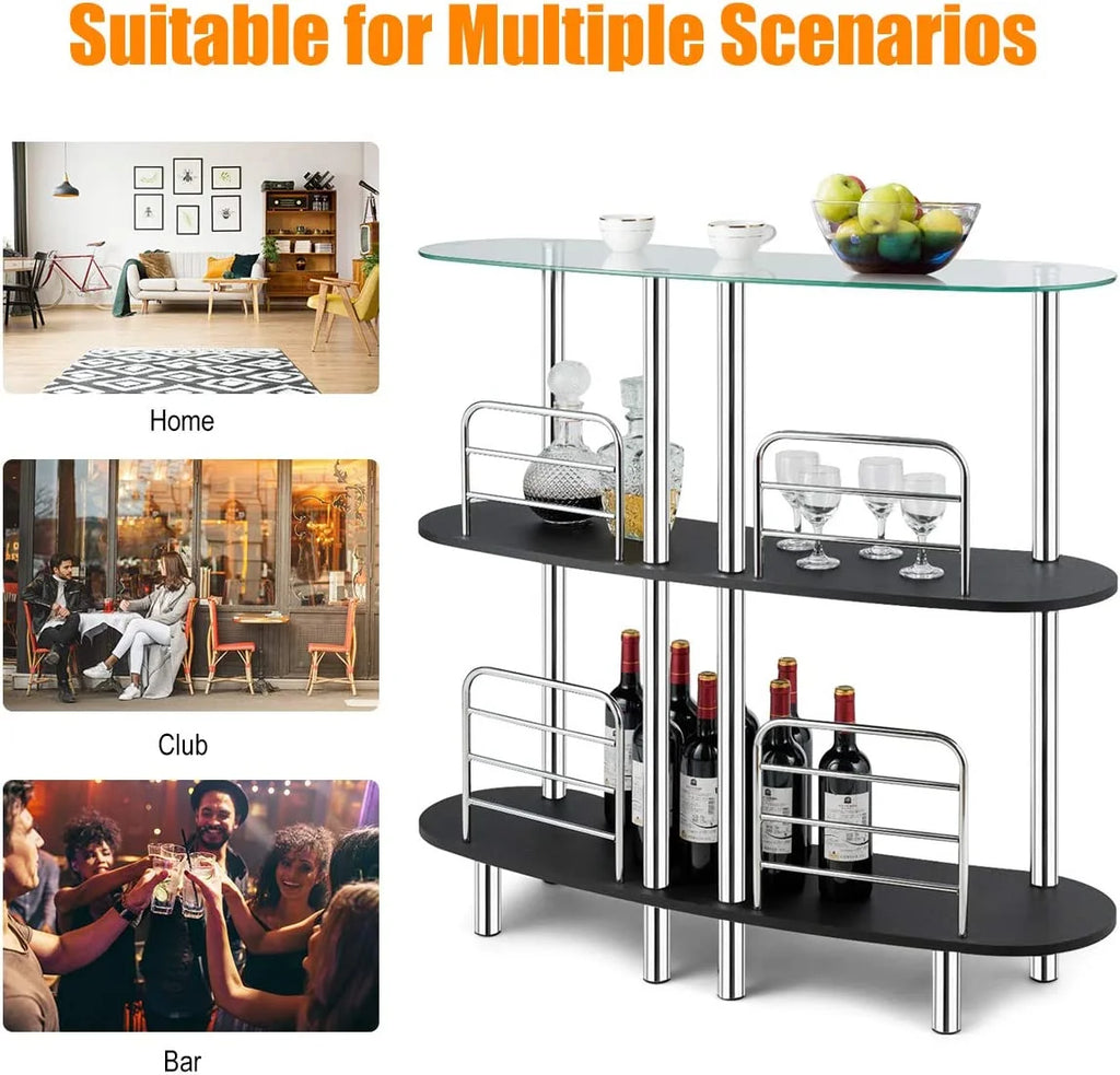 3-Tier Glass Liquor Bar Cabinet with Tempered Glass Counter Top C21696