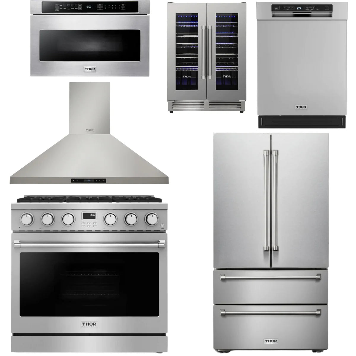36 Gas Range, Range Hood, Refrigerator, Dishwasher, Microwave and Wine Cooler Q782