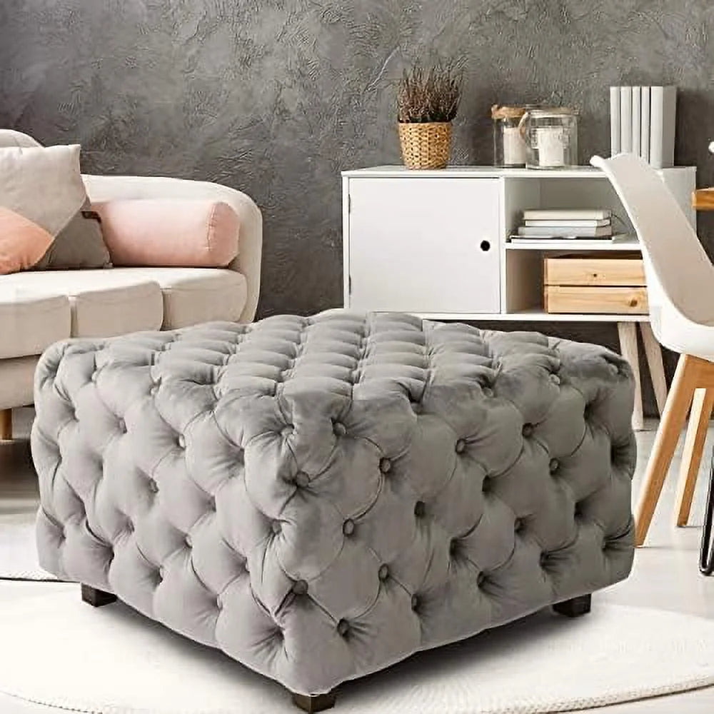 Gray Velvet Square Ottoman T814