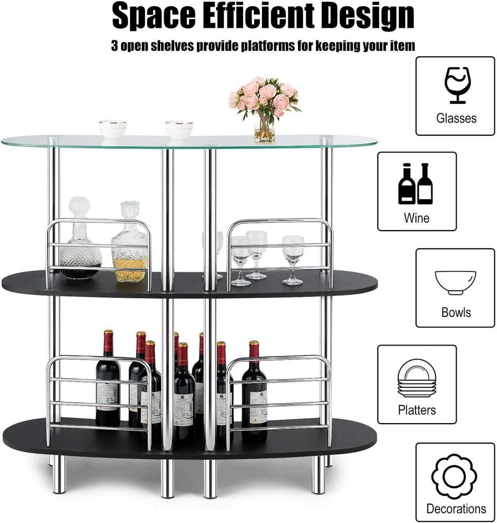 3-Tier Glass Liquor Bar Cabinet with Tempered Glass Counter Top C21696