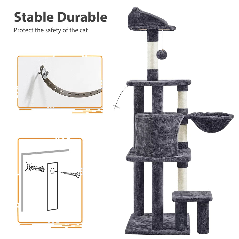 57" Multi Level Cat Tree with Basket & Condo & Scratching, Dark Gray Y2407