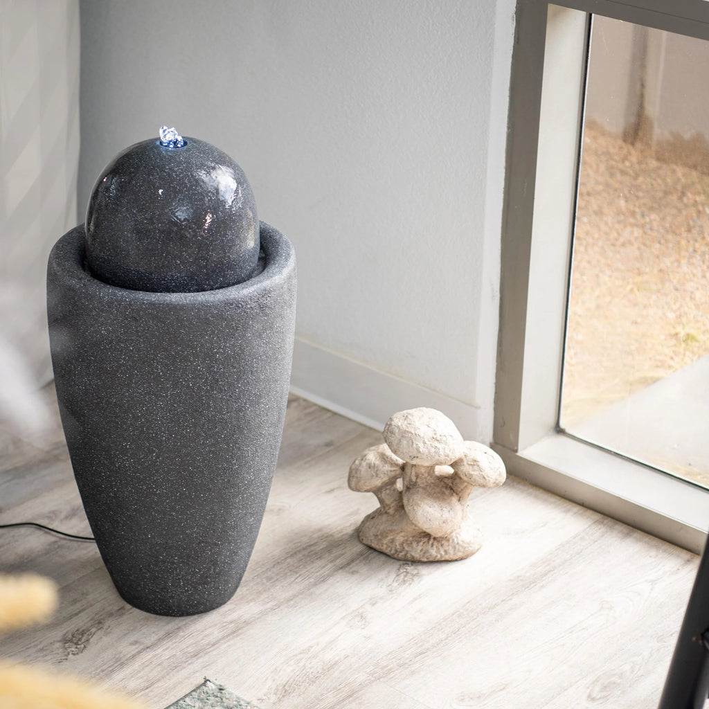 25.98"W Round Stone Indoor/Outdoor Water Fountain with LED Lights, Gray F336085
