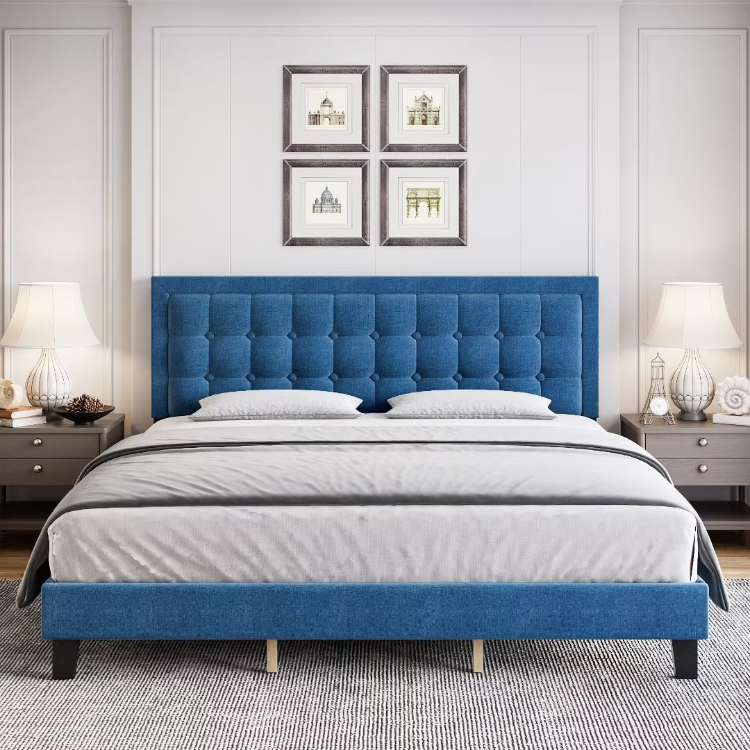 Full Size Blue Upholstered Platform Bed with Tufted Headboard M934