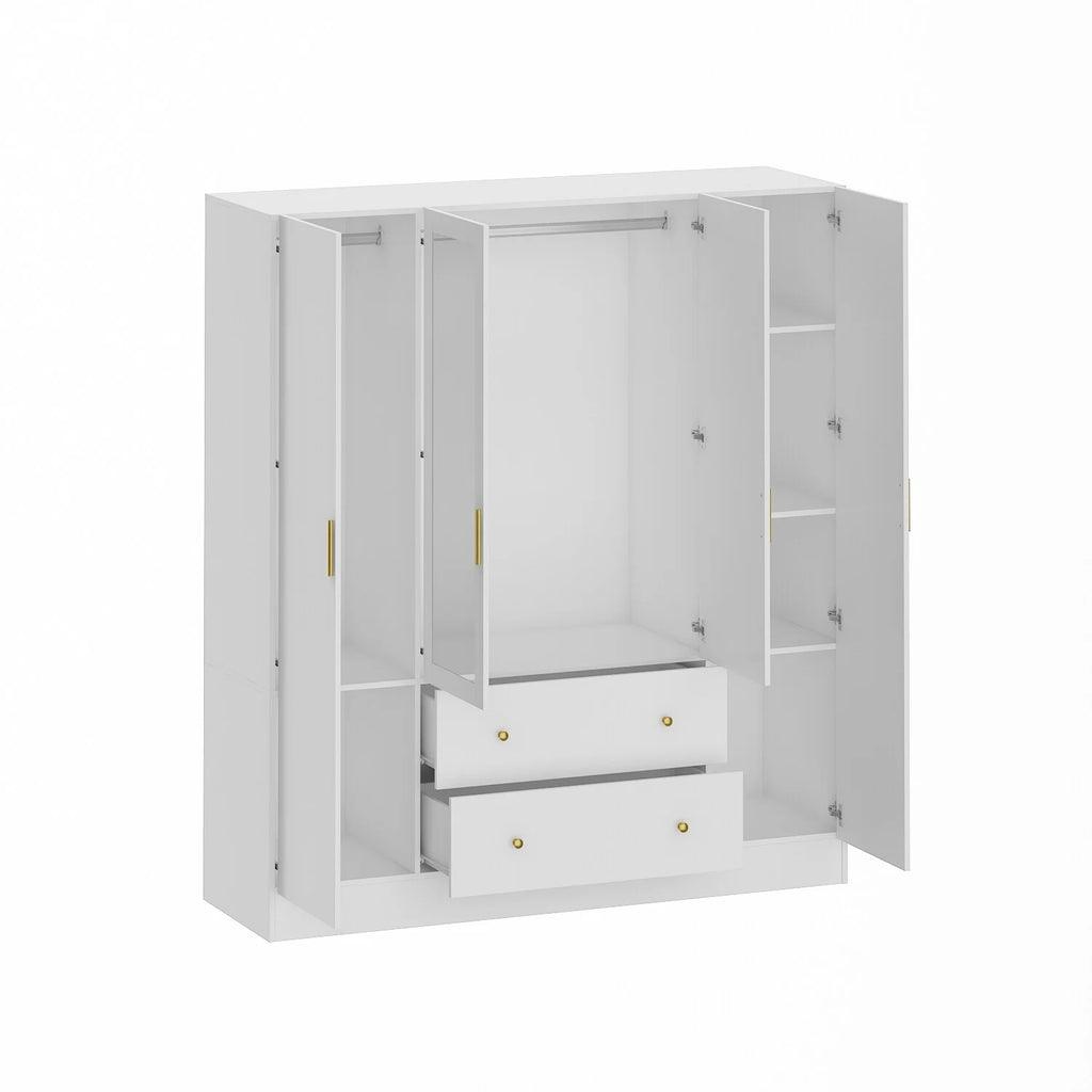 White Wooden Wardrobe Armoire with Mirror 4 Doors 2 Drawers D347532