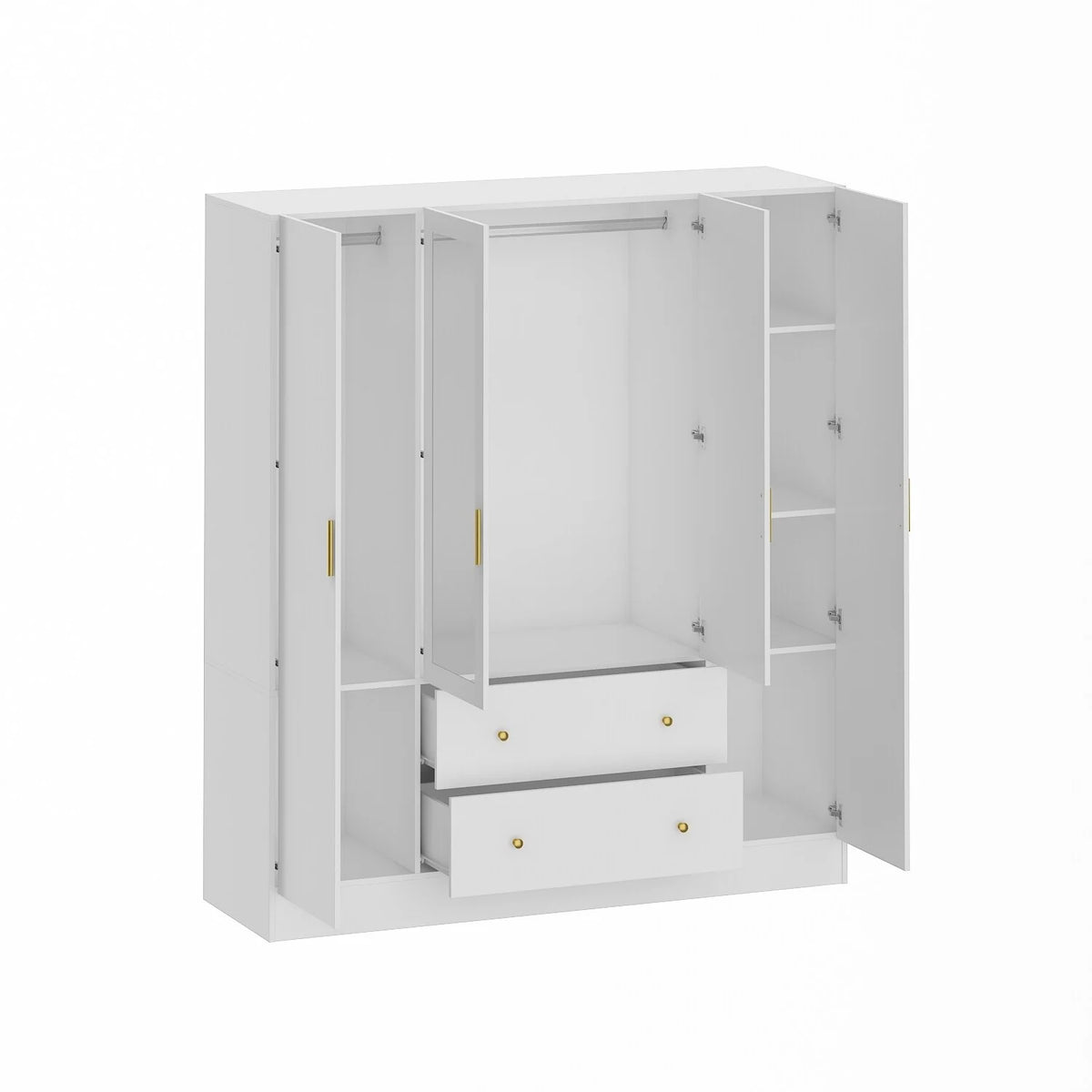 White Wooden Wardrobe Armoire with Mirror 4 Doors 2 Drawers D347532