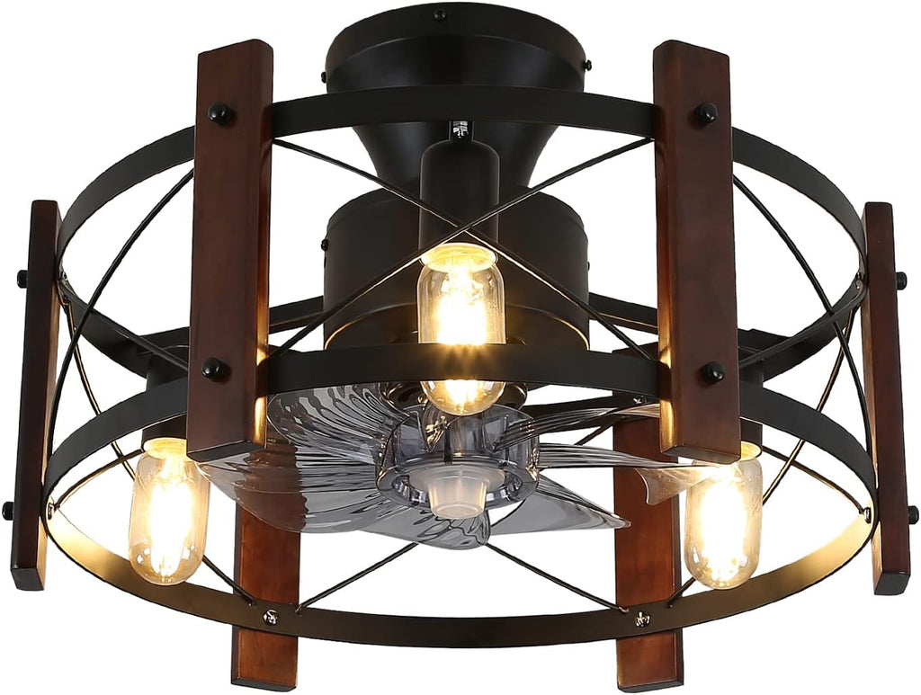 Industrial Ceiling Fan with Light Remote Control Metal Caged Wood Black Enclosed Y5942