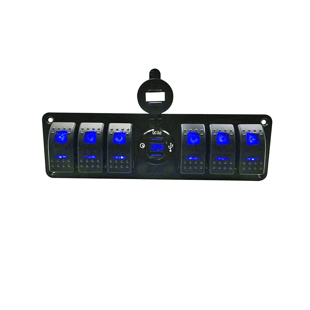 6 Gang Marine Switch Panel with Dual USB Charger Voltmeter Waterproof 12V-24V DC S5817