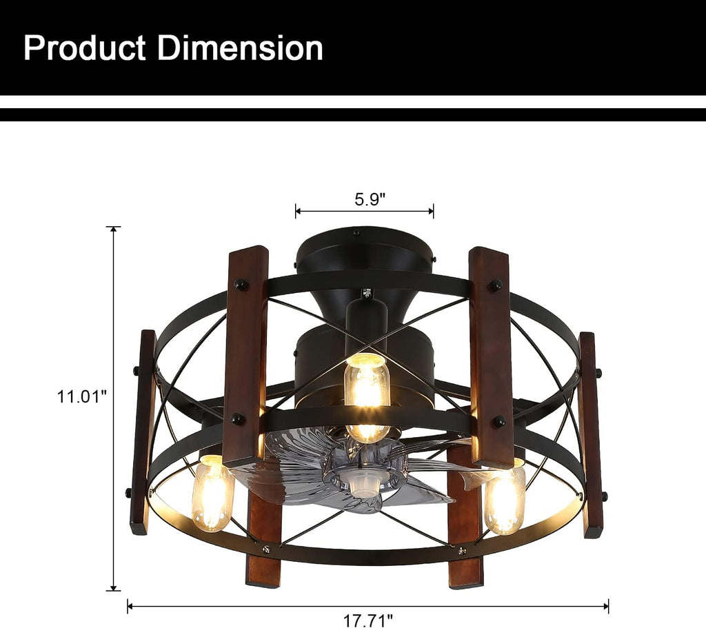 Industrial Ceiling Fan with Light Remote Control Metal Caged Wood Black Enclosed Y5942