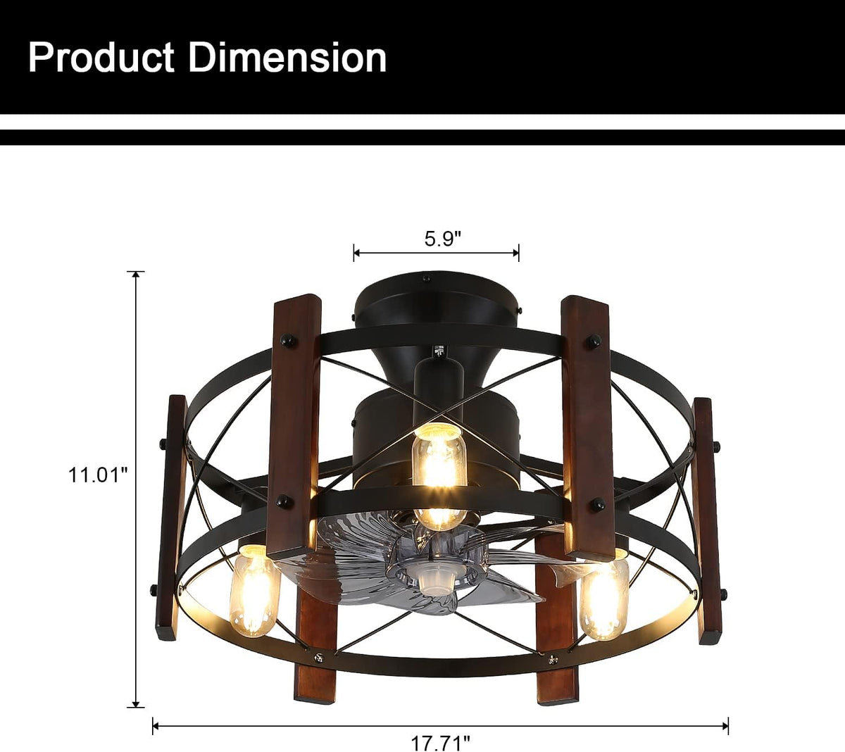 Industrial Ceiling Fan with Light Remote Control Metal Caged Wood Black Enclosed Y5942