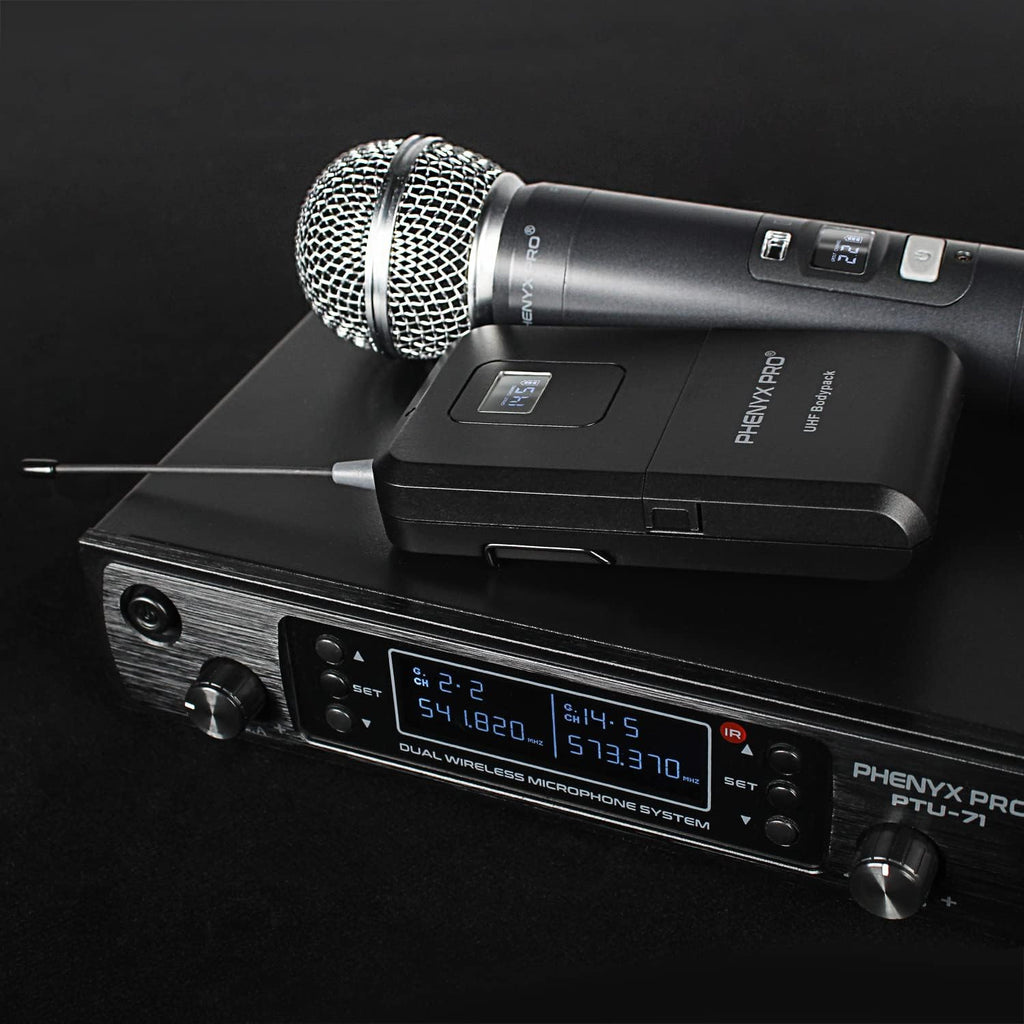 Wireless Microphone System, Dual Channel Cordless Mic Set with Handheld/Bodypack/Headset/Lapel L948209