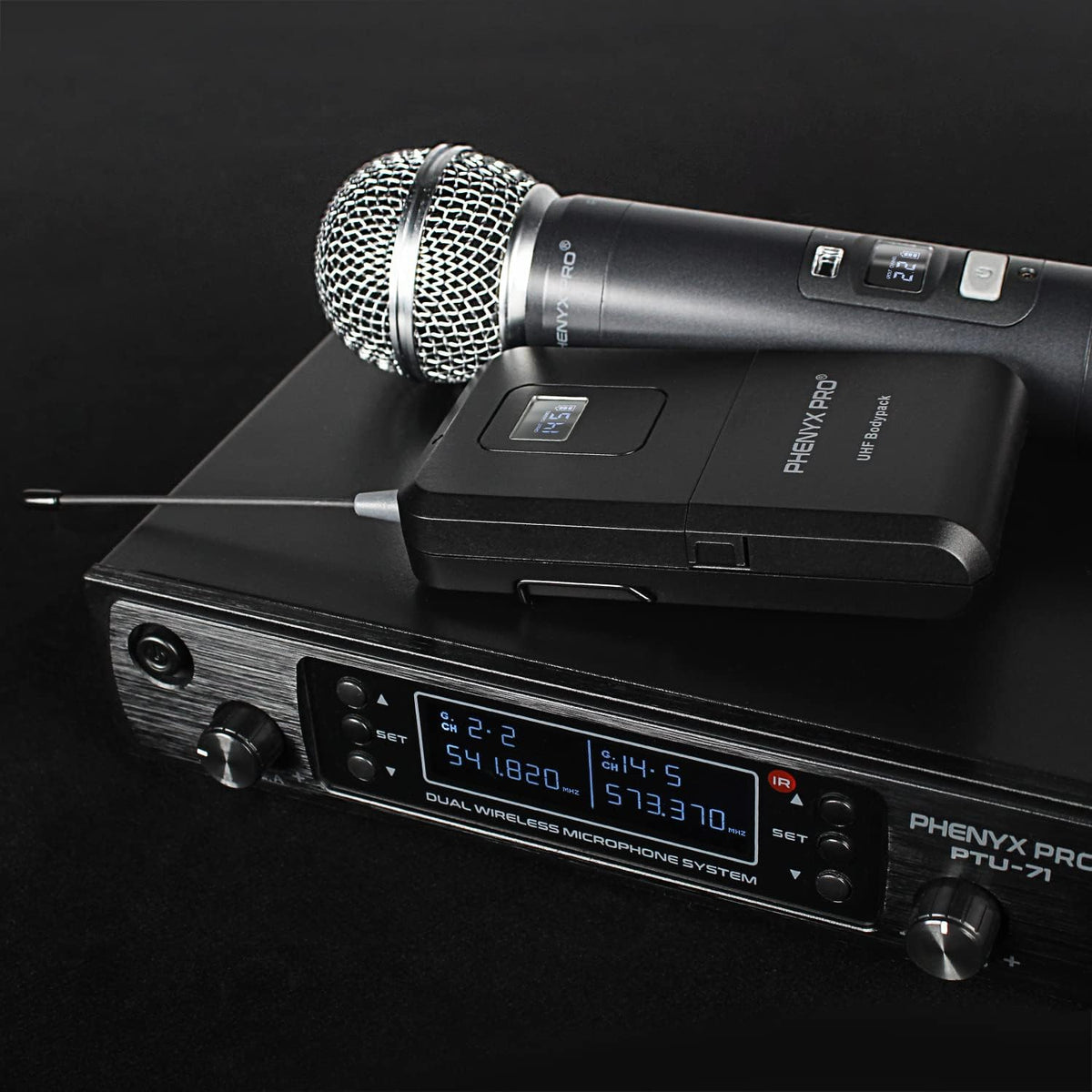 Wireless Microphone System, Dual Channel Cordless Mic Set with Handheld/Bodypack/Headset/Lapel L948209