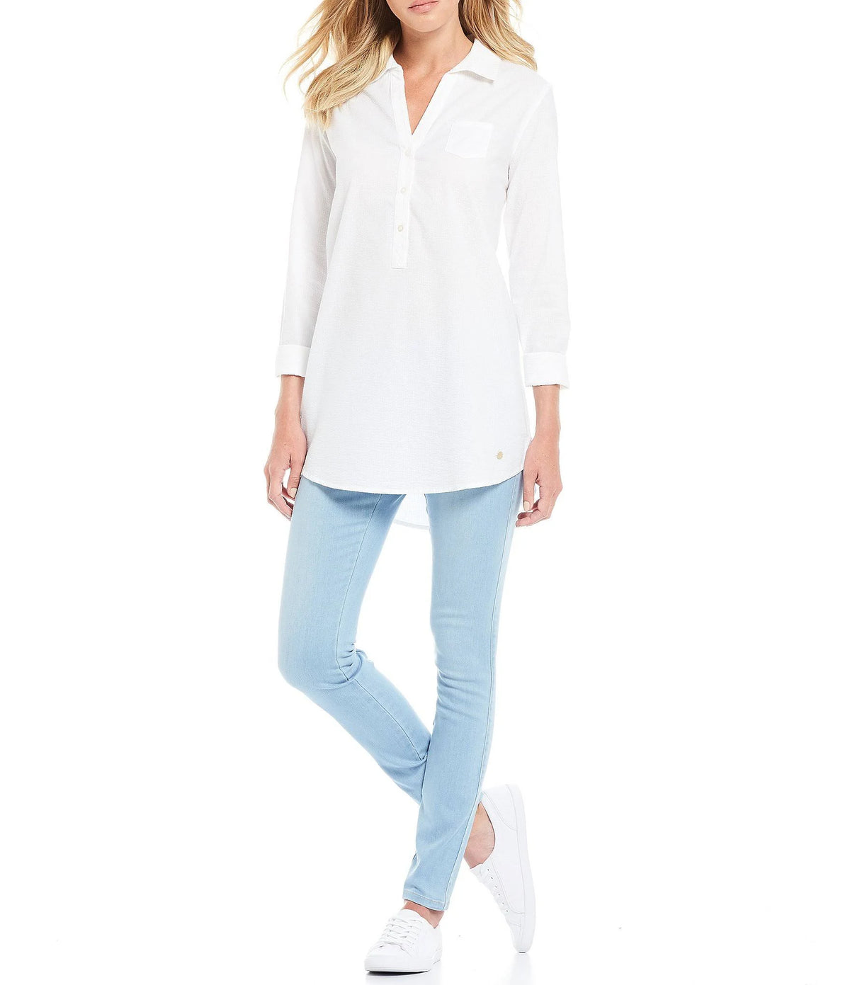 Long Sleeve Seersucker Tunic Top Y3717
