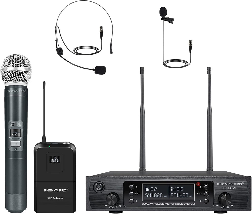 Wireless Microphone System, Dual Channel Cordless Mic Set with Handheld/Bodypack/Headset/Lapel L948209