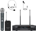 Wireless Microphone System, Dual Channel Cordless Mic Set with Handheld/Bodypack/Headset/Lapel L948209