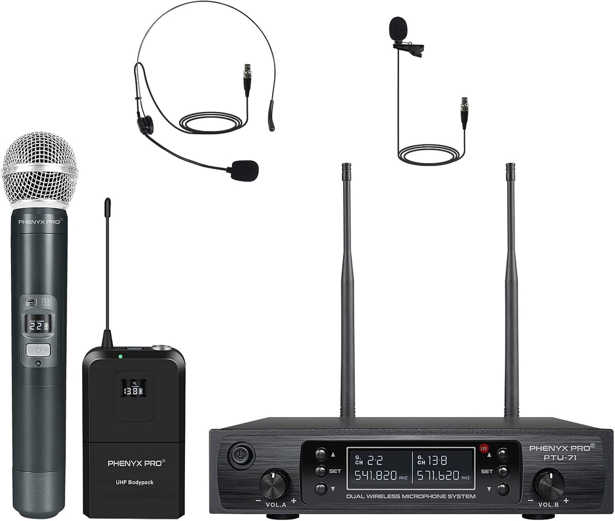 Wireless Microphone System, Dual Channel Cordless Mic Set with Handheld/Bodypack/Headset/Lapel L948209