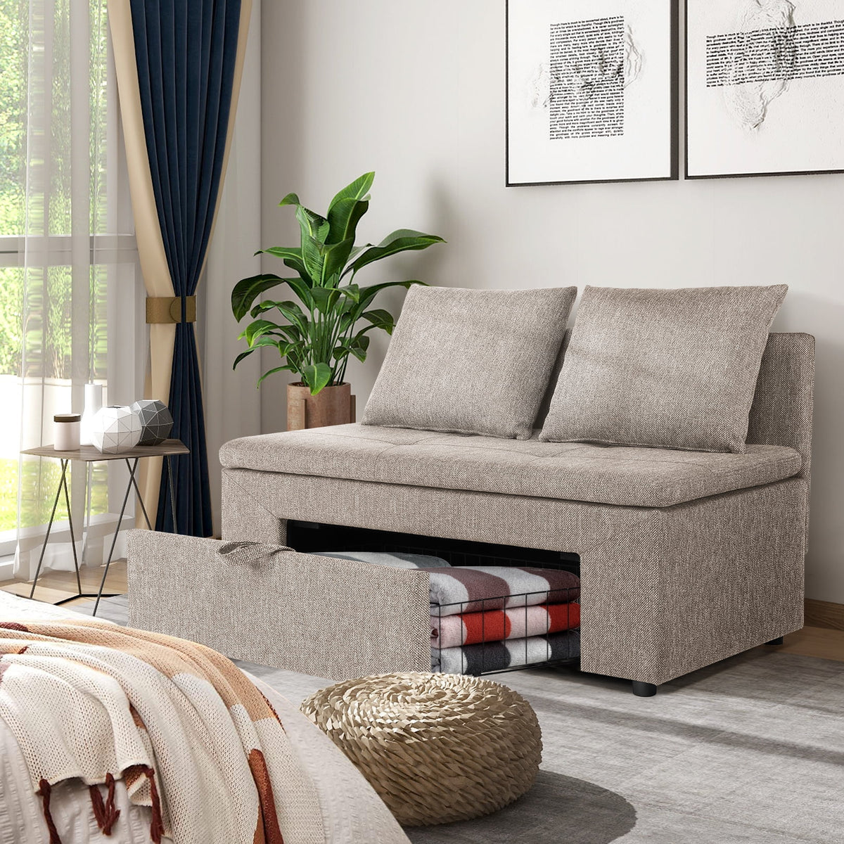 Brown Linen Loveseat Sofa with Storage Drawer E18988