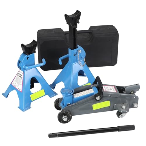 2-Ton Hydraulic Trolley Floor Jack Combo with 2 Jack Stands, Blue J324