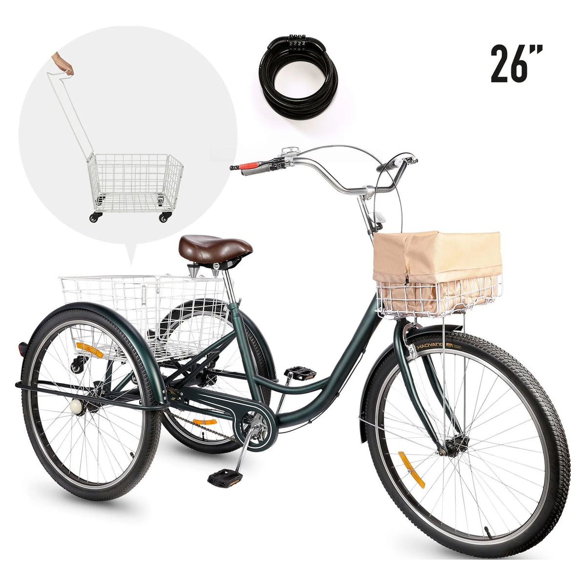 24 Inch Single Speed Adult Tricycle 3 Wheels Cruiser Bike with Removable Wheeled Basket V8602