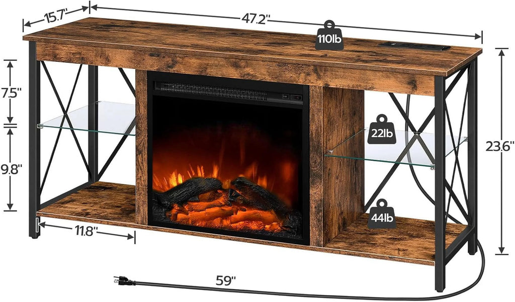 Rustic Brown Fireplace TV Stand with Led Lights and Power Outlets P307