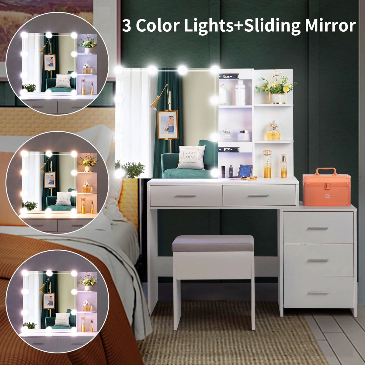 Modern Vanity Table Set with Lighted Mirror, 5 Drawer White G81404