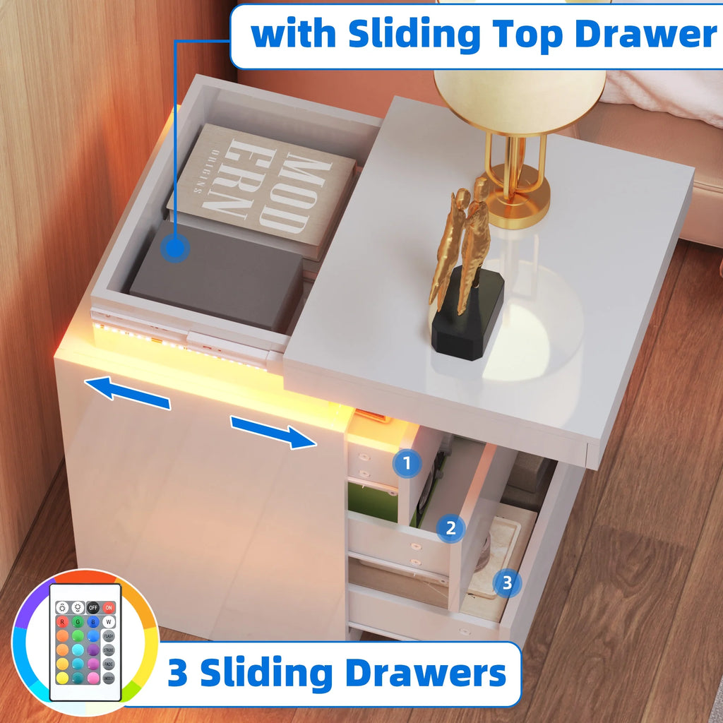 White 3 Drawer LED Nightstand N5184