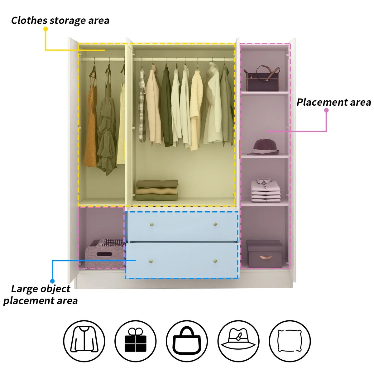 White Wooden Wardrobe Armoire with Mirror 4 Doors 2 Drawers D347532