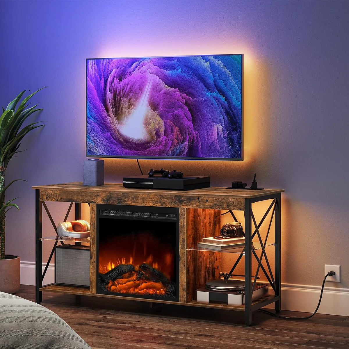 Rustic Brown Fireplace TV Stand with Led Lights and Power Outlets P307