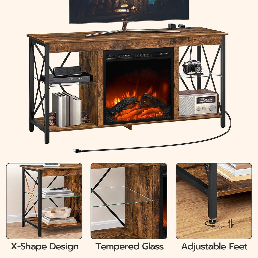 Rustic Brown Fireplace TV Stand with Led Lights and Power Outlets P307