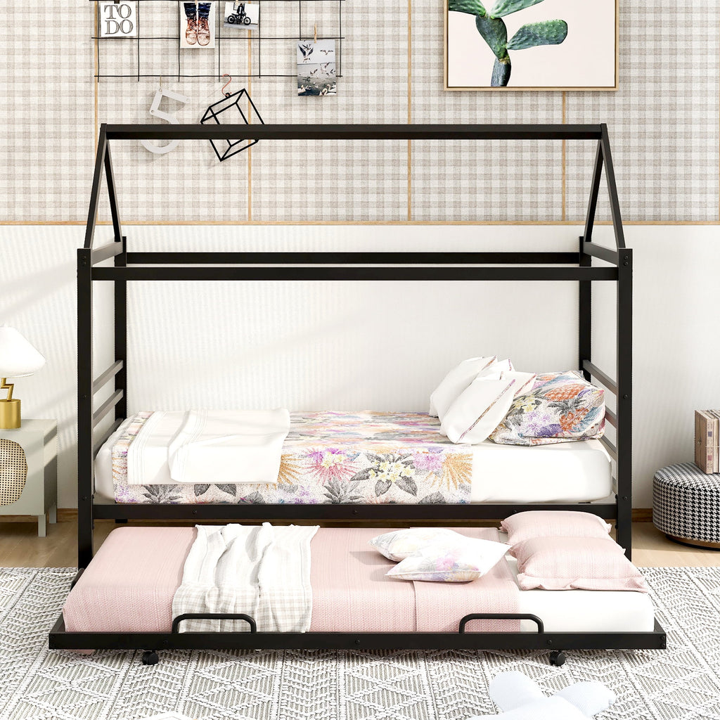 Twin Size Black Metal House Shape Platform Bed with Trundle Y446