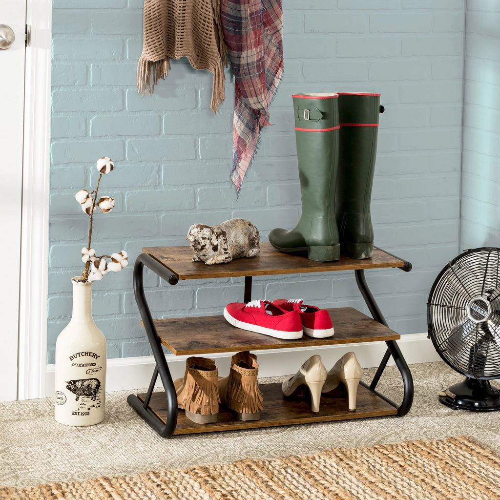 3-Shelf Wooden Shoe Rack with Matte Black Metal X7564