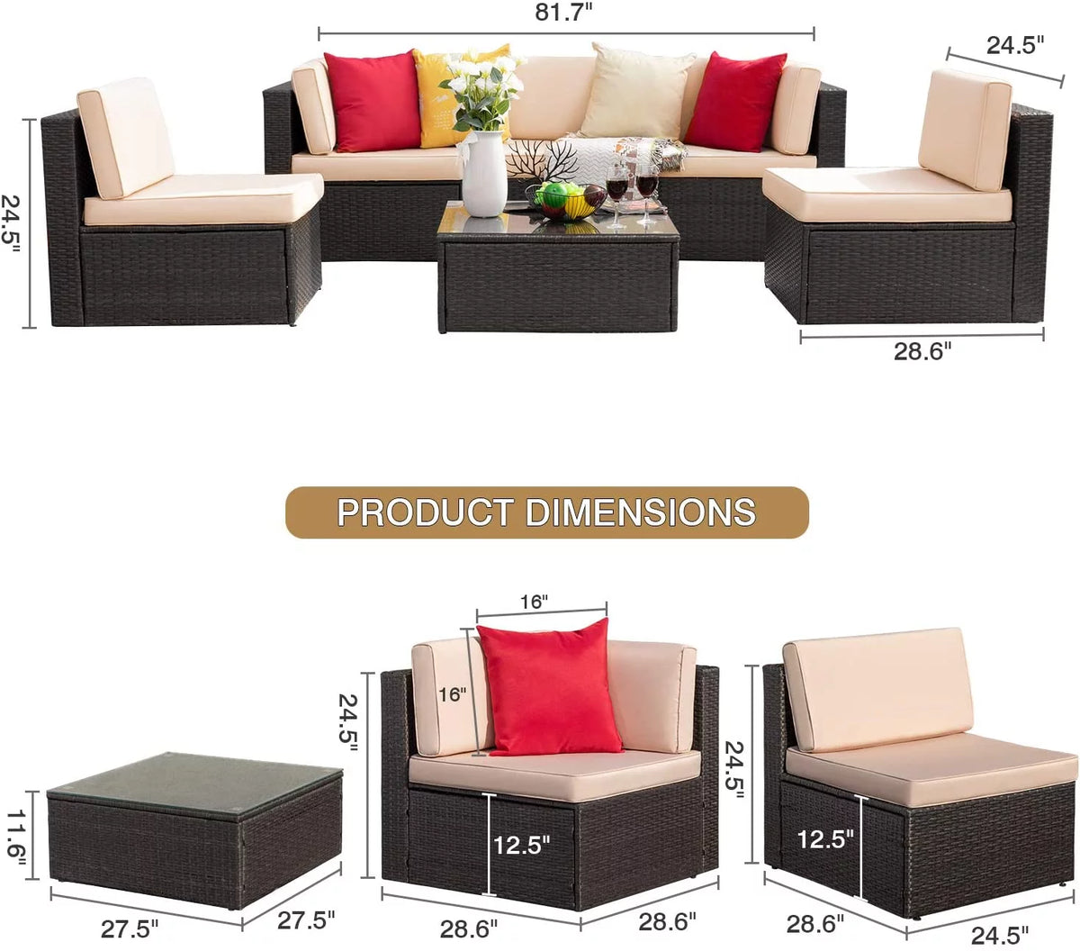 6 Pieces Wicker PE Rattan Sectional Sofa with Cushions F906171