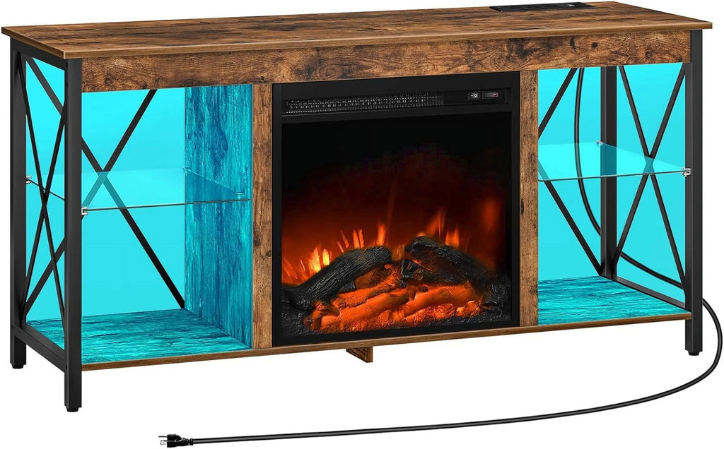 Rustic Brown Fireplace TV Stand with Led Lights and Power Outlets P307