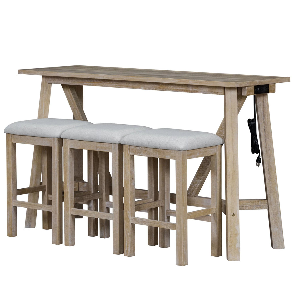 Natural Wood Wash Kitchen Bar Table Set with Upholstered Stools H71063